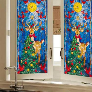 Imagem de HOMETITUTE Película de privacidade de janela de rena de vitral decorativo de Natal adesivo de vidro aderente estático para casa, escritório, banheiro, quarto, sala de estar, 17,7 x 39,3 polegadas