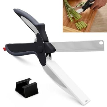 Imagem de Tesoura de cozinha 2 em 1 com design de tábua de corte e faca, tesoura multifuncional para alimentos com lâminas de aço inoxidável e trava de segurança, ideal para cortar, fatiar e preparar refeições