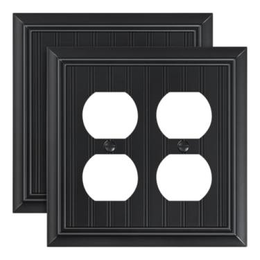 Imagem de Pacote com 2 capas clássicas de tomada dupla face para quadro de contas, placas decorativas de interruptor preto fosco e capas de tomada para tomadas elétricas, placas de parede de fibra de bambu