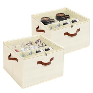 Imagem de Organizador de sapatos para armário, caixa de armazenamento de sapatos dobrável com tampa superior transparente, 3 alças de couro, divisórias ajustáveis, serve para 8 a 16 pares, caixa de sapatos