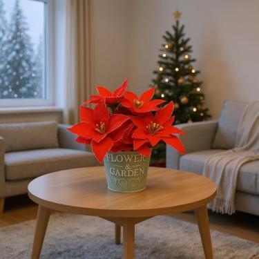 Imagem de Arranjo de Flores Artificiais Bico de Papagaio Vermelho com Brilho, Vaso Decorativo de Palha, 30cm, para Decoração de Natal, Casa e Escritório