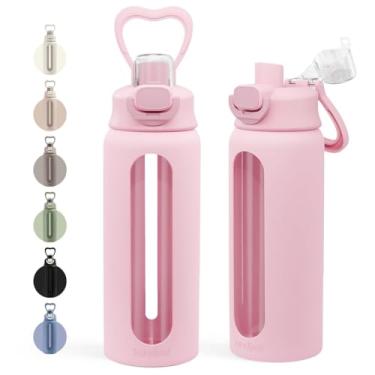 Imagem de SANDJEST Garrafa de água de vidro com manga de silicone 680 g com tampa, marcador de tempo motivacional, garrafas de vidro de hidratação para homens e mulheres, esportes de viagem na academia (rosa)