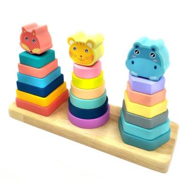 Imagem de Brinquedo Educativo Pirâmides Encaixar Bichinhos 22 Peças - GURU