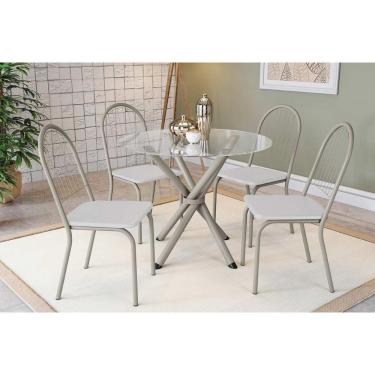Imagem de Conjunto: Mesa Sala Jantar Volga C- Tampo De Vidro 95cm E 4 Cadeiras Noruega Niquel - Courano Branco - Kappesberg