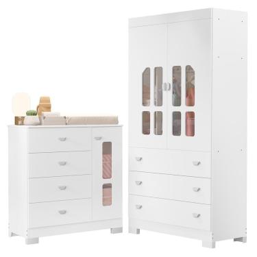 Imagem de Jogo De Quarto Infantil New Katatau Guarda Roupa E Cômoda Branco Fosco - Reller Móveis Branco Fosco