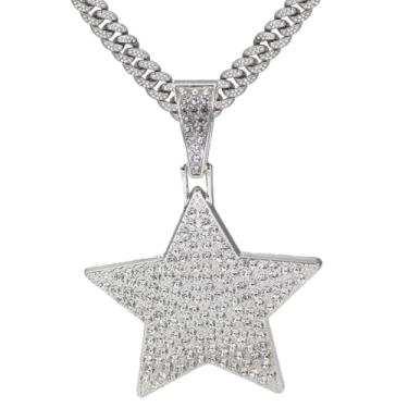 Imagem de GuoShuang Corrente feminina com pingente de estrela gelada, corrente cubana Miami de 45,7 cm, colar moderno hip hop para mulheres