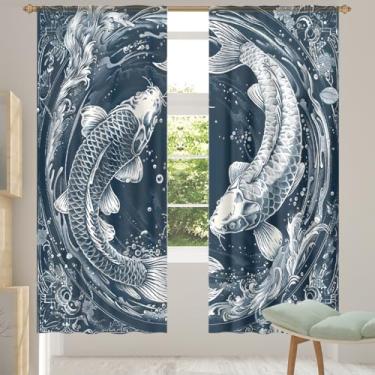 Imagem de 2 conjuntos de painéis de cortinas transparentes azuis retrô de carpa animal, cortinas transparentes arejadas com filtro leve, painéis de cortina de porta e janela para sala de estar, quarto, jantar