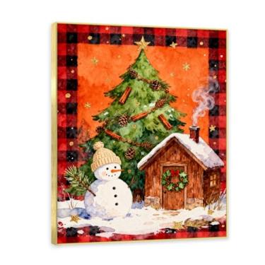 Imagem de NHLDZYH Moldura dourada. Imagem de Natal retrô country pintura em tela com padrão xadrez vermelho preto cores suaves country aconchegante decoração de Natal. A27. 40 x 50 cm