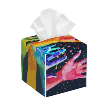 Imagem de Porta-lenços de couro quadrado à prova d'água pigmento de palma colorido engraçado organizador de papel facial com cinto inferior cubo estojo de lenços para mesa, banheiro, escritório, mesa, carro