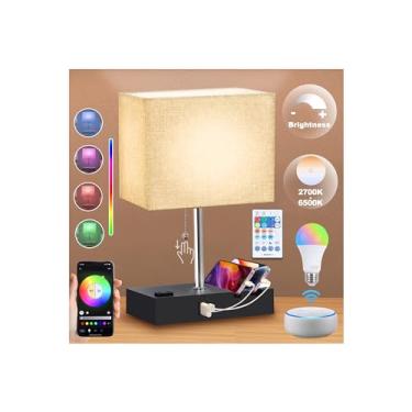 Imagem de NEWREACH Candeeiro de mesa inteligente RGB com controle remoto - Candeeiro de mesa de cabeceira regulável para quarto Alexa com controle de voz e aplicativo e sincronização de música, com estação de