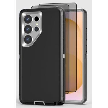 Imagem de Qizaixi Capa projetada para Samsung Galaxy S24 Ultra [com protetor de tela de privacidade] 3 camadas de proteção total resistente à prova de choque capa de telefone resistente, preta/cinza