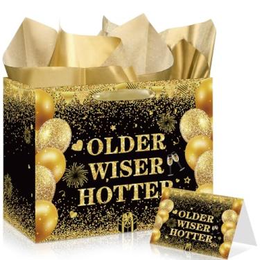 Imagem de LUUFILx Bolsa de presente de aniversário em ouro preto para mulheres e homens, mais velhos, mais sábios, mais quentes, com cartão de felicitações, papel com glitter preto e dourado, sacos de embrulho