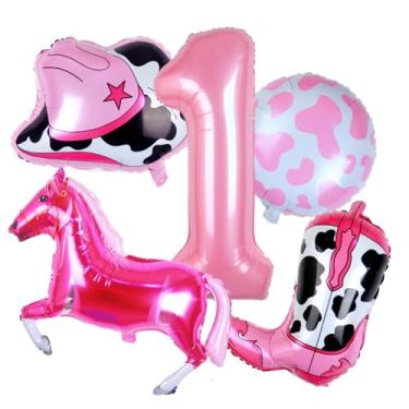 Imagem de Kwuz Balões ocidentais vaqueira decorações de festa de primeiro aniversário chapéu de cowboy cavalo rosa botas balões meninas tema ocidental 1º rodeio decorações de festa de aniversário suprimentos