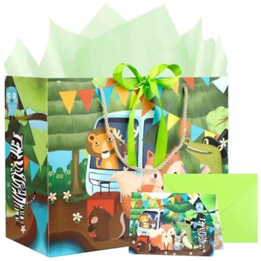 Imagem de Conjunto de sacolas de presente com tema animal grande de 35 cm com cartão comemorativo, 2 papéis de seda e fita para comemorar aniversário, Natal, chá de bebê, festa infantil e feriados