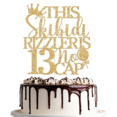 Imagem de Este Skibidi Rizzler é topo de bolo 13 sem tampa, topo de bolo feliz 13º aniversário, Hello 13, suprimentos de decoração de festa de 13 anos, glitter dourado