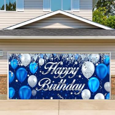 Imagem de Capa de porta de garagem de aniversário, cenário fotográfico de faixa de feliz aniversário, fundo de festa para decoração de parede interna e externa (azul, feliz aniversário, 1,8 x 3 m)