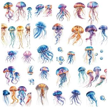 Imagem de CRASPIRE Adesivos de parede de animais marinhos coloridos com 8 estilos de água-viva do oceano descasque e cole autoadesivo PVC à prova d'água para janelas, criaturas aderentes para decoração de casa