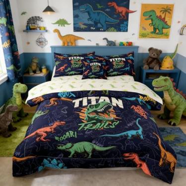 Imagem de Yadangxiawa Jogo de cama solteiro de dinossauro, 6 peças, para adolescentes, com 1 colcha + 1 lençol de cima + 1 lençol com elástico + 2 fronhas + 1 capa de almofada (B-dinossauro solteiro)