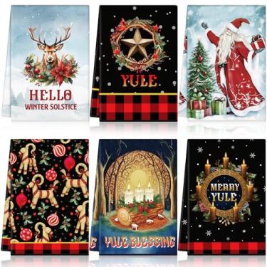 Imagem de Gilprop 6 peças de toalhas de cozinha de Natal Yule microfibra pagã macias e absorventes reutilizáveis panos de chá com palha cabra julbock visco para decorações pagãs de cozinha de Natal