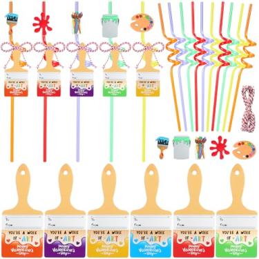 Imagem de Honeydak 30 Valentines Day Gifts Bulk Art Painting Drinking Straws Styling Reusable with Brush Cards Painting Theme for Birthday Back to School Party Supplies Suitable for 12+