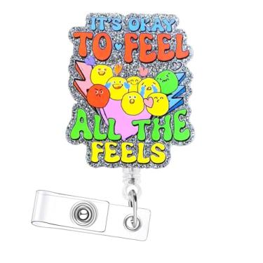 Imagem de Carretel de crachá It's Okay to Feel All The Feels, porta-identidade retrátil com clipe jacaré, design com glitter, rotação de 360°