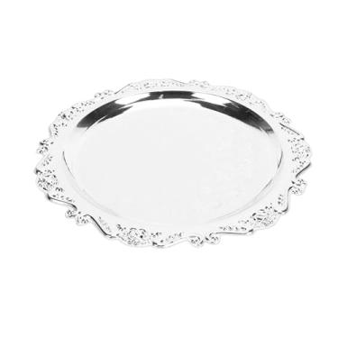 Imagem de Aqur2020 Bandeja de Servir de Ferro Vintage, Bandeja de Lanche Gravada Com Flores Prateadas para Festas e Entretenimento, Decorativa de Aperitivos para Buffet Doméstico e (25cm)