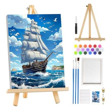 Imagem de MOGTAA Kit de pintura de paisagem por números para adultos iniciantes com moldura, gaivotas e mar kits de pintura para adultos por números em tela com cavalete, kits de pintura a óleo DIY fáceis para