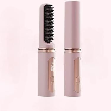 Imagem de Pente alisador sem fio recarregável Pente modelador tricolor Portátil Suave para o cabelo Adequado para todos os tipos de cabelo (Rosa)