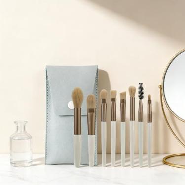 Imagem de Conjunto de 8 pincéis de maquiagem com bolsa de viagem, base profissional, pincéis de blush e sombra, kit de pincéis de mistura de cerdas sintéticas macias para maquiagem de rosto e olhos, azul