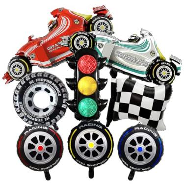 Imagem de 8 Pcs Race Car Balloons Tire Checkered Flag Wheel Traffic Signal Racing Balloons 43 Inch Foil Cars Balloon Race Car Two Fast Birthday Party Decorations
