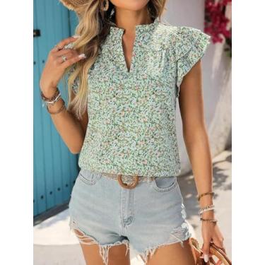 Imagem de Blusa feminina floral verde menta - manga com babados e decote em V, Verde, Small