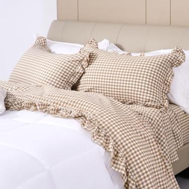 Imagem de Jogo de lençol xadrez com babados, tamanho casal, 4 peças, 100% algodão, 40,6 cm, bolso profundo, guingão, macio, respirável, durável, sensação de linho (xadrez/branco, casal)