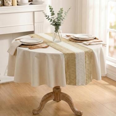Imagem de Horaldaily Toalha de mesa marrom de serapilheira redonda, 152 cm x 152 cm, toalha de mesa de linho de algodão rústico, sem vincos, capa de mesa estilo casa de fazenda para decoração de festa em casa