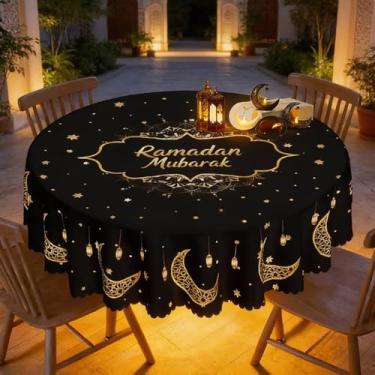 Imagem de Toalha de mesa dourada com estrelas e lua crescente – Capa de mesa preta Ramadan Mubarak com estampa de lanterna, decoração elegante para jantar Iftar