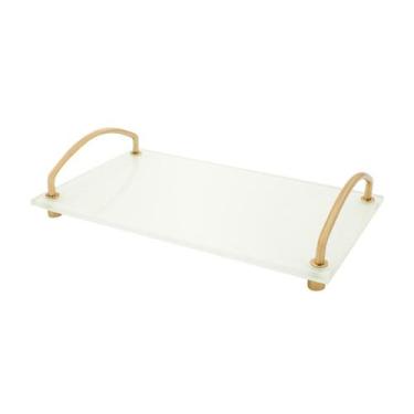 Imagem de Bandeja Organizadora Bancada Vidro Branco 25x15 Alça Dourada Decorativ
