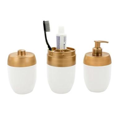 Imagem de Kit Banheiro Acessórios Lavabo Branco Dourado 3 Peças Forma Dispenser 