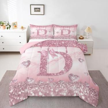 Imagem de Erosebridal Conjunto de edredom com laço rosa, fofo, com laço fofo, tamanho solteiro, lindo sonhador, inicial D, colcha para crianças, meninas, adolescentes, mulheres, princesa, decoração de quarto