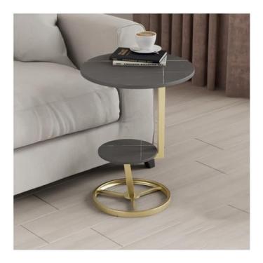 Imagem de Mesa lateral redonda de mármore, mesa de cabeceira mental pequena mesa de centro com 2 prateleiras para sala de estar, quarto, escritório, espaço pequeno (cor: dourado, tamanho: cinza) (dourado preto)