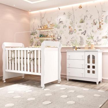 Imagem de Quarto Bebê Completo Berço Americano Marquesa Mini Cama Mirelle Cômoda 3 Gavetas 1 Porta 100% Mdf