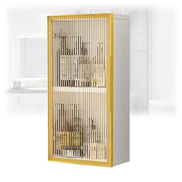 Imagem de Armário de banheiro moderno dourado montado na parede com portas de vidro - Armário de remédios de madeira elegante para cozinha, lavanderia, quarto - instalação sem broca, 30 x 14 x 60 cm