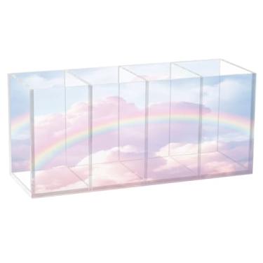 Imagem de Burbuja Porta-canetas de acrílico Rainbow in Cloud, 4 compartimentos, suporte de lápis transparente para pincéis de maquiagem, acessórios de mesa de escritório em casa