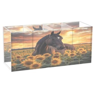 Imagem de Burbuja Porta-canetas de acrílico para cavalos, girassóis, 4 compartimentos, suporte de lápis transparente para pincéis de maquiagem fixos, acessórios de mesa de escritório em casa