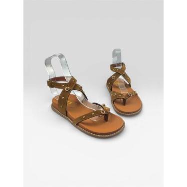 Imagem de Sandália Rasteira Feminina Com Tiras E Tachas Camurca Carvalho/Caramel