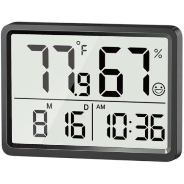 Imagem de DOOMAY Termômetro de ambiente interno - Monitor de temperatura e umidade do higrômetro com sensor de alta precisão, display LCD, relógio de data grande para ambiente (preto)