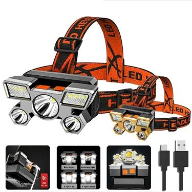 Imagem de Lanterna de Cabeça 5 LED Luz Forte à Prova D'Água USB Recarregável com 4 Modos Cinza Dourado Preto OEM
