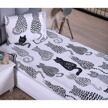 Imagem de Kit Jogo de Lençol Solteiro 2 Peças 100% Poliéster Microfibra 170 Fios Estampa Gato Preto e Branco OEM
