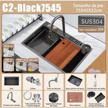 Imagem de Kit Cuba de Cozinha Gourmet com Torneira Flexível Retangular de Embutir e Sobrepor Aço Inox Preto OEM