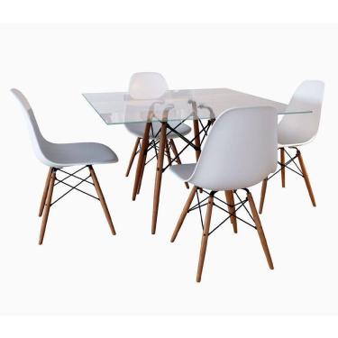 Imagem de Conjunto Jantar Tampo Quadrado Vidro 90Cm 4 Cadeiras Brancas