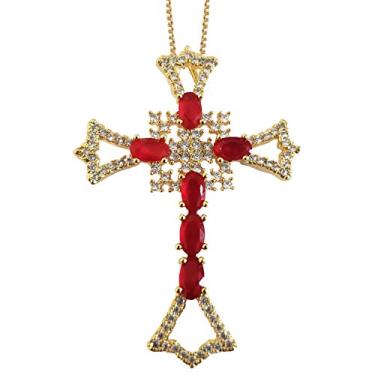 Imagem de Colar Semijoia Crucifixo Cristal Rubi e Micro Zircônias Banhado a Ouro 18K