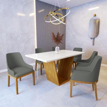 Imagem de Mesa De Jantar Safira 1,6m Off White Com 6 Cadeiras Elisa Veludo Cinza Madeira Maciça Castanho